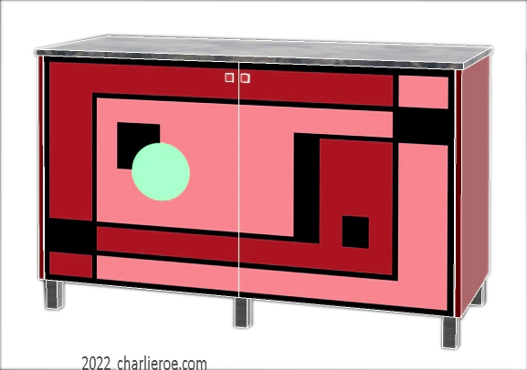 New Art Deco painted lacquered 2 door cabinet, cupboard, bar or sideboard with painted Geometric design door panels