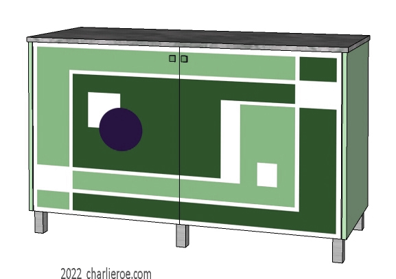 New Art Deco painted lacquered 2 door cabinet, cupboard, bar or sideboard with painted Geometric design door panels