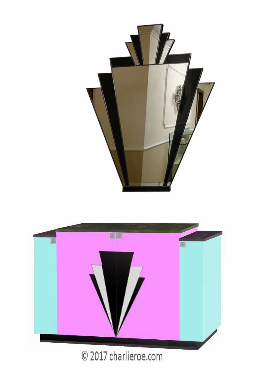 New Art Deco 4 door stepped sideboard with Deco design on doors & lacquered painted in Miami style pastel colours with huge ornate Deco wall mirror