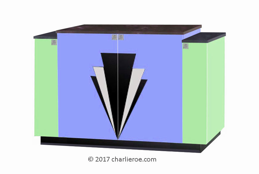 New Art Deco 4 door stepped sideboard with Deco design on doors & lacquered painted in Miami style pastel colours