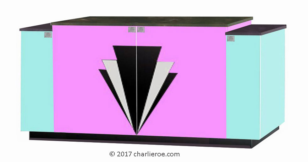 wider version of New Art Deco Streamlined lacquered painted 2 door sideboard cabinet cupboard with designs on doors