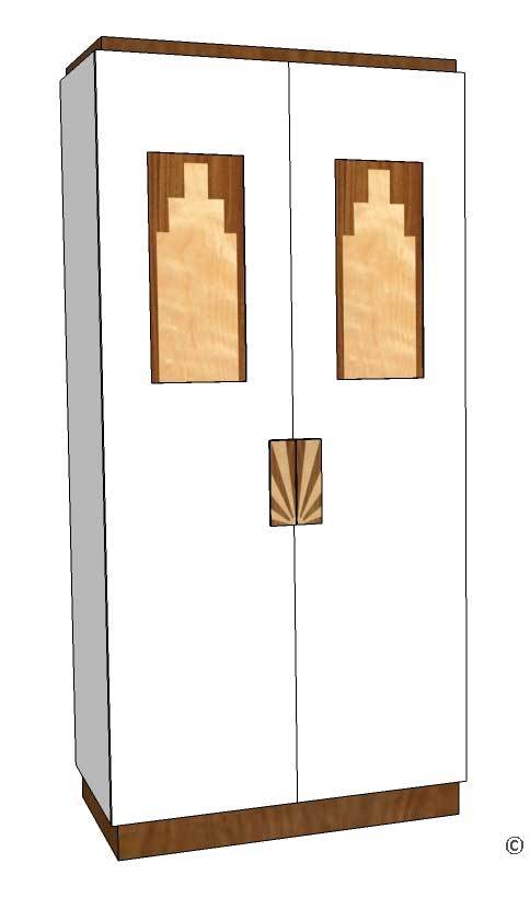 New Art Deco 2 door wardrobe, cupboard, bar or sideboard, lacquered painted with veneered marquetry panels & handles