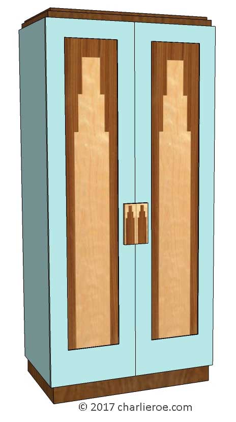 New Art Deco 2 door wardrobe, cupboard, bar or sideboard, lacquered painted in KEM Weber colours, with veneered marquetry panels & handles