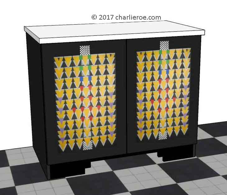 CR Mackintosh Derngate style black painted bathroom  2 door cupboard cabinet with painted Cubist patterns