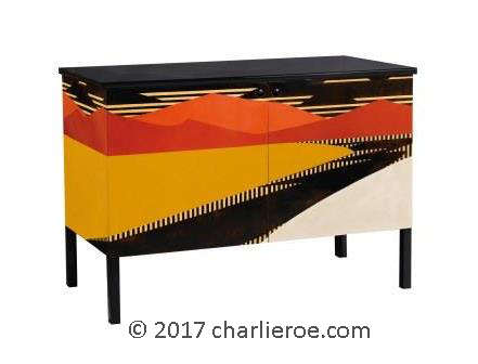 New Jean Dunand Art Deco 2 door sideboard cabinet with painted abstract landscape designs