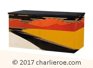 New Jean Dunand Art Deco wall hung 2 door sideboard cabinet with painted abstract landscape designs