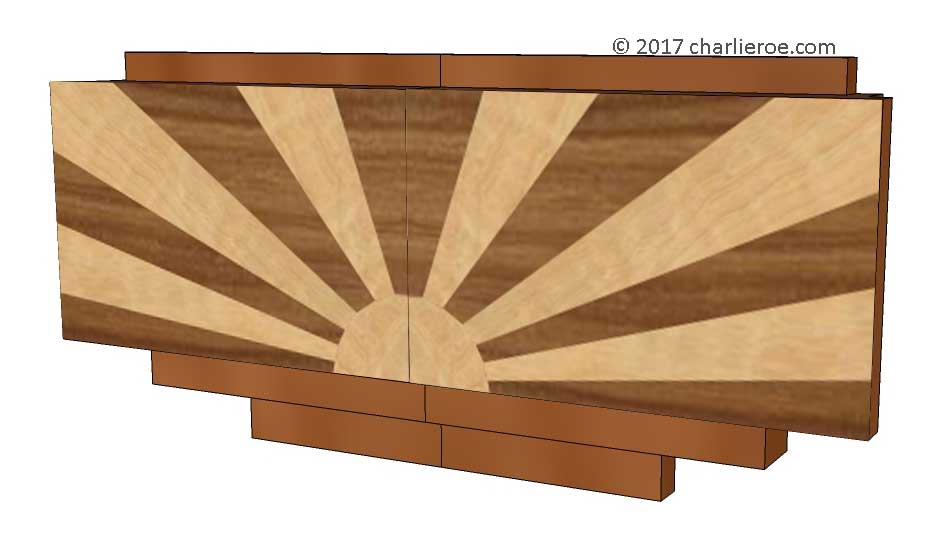 New Art Deco cupboard furniture stepped door handles with veneered marquetry classic 'Rising Sun' pattern