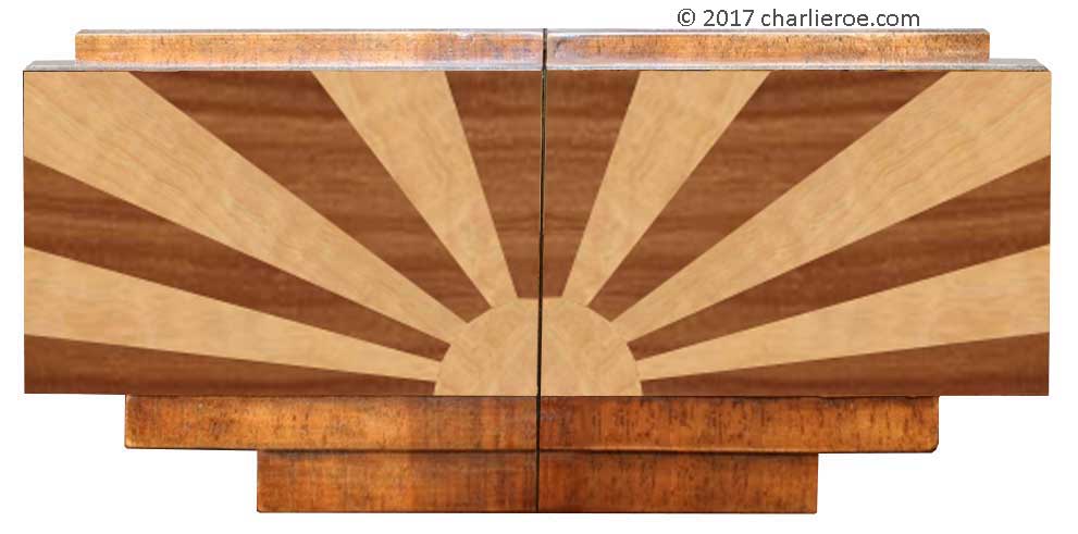 New Art Deco cupboard furniture stepped door handles with veneered marquetry classic 'Rising Sun' pattern