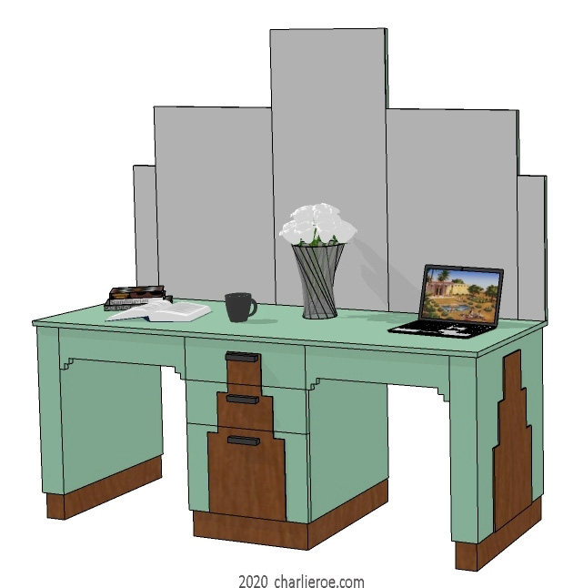 New Art Deco Skyscraper style wood & lacquered painted 2 person home office desk with skyscraper style stepped tall mirrors above