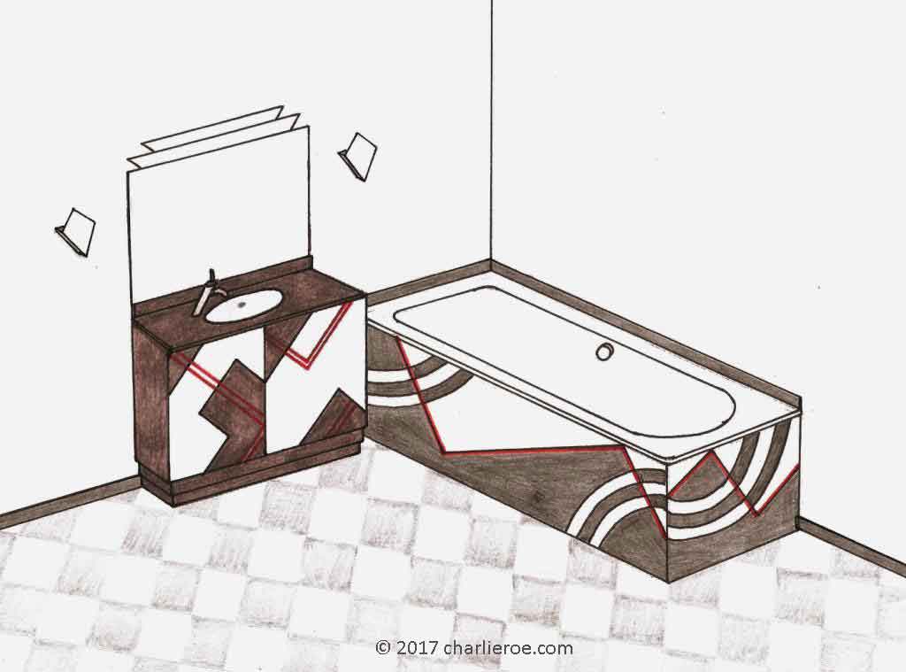 Donald Deskey Art Deco Cubist painted bathroom vanity unit & bath panels & bathroom furniture