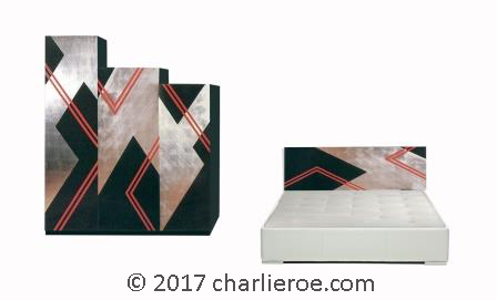 new Art Deco Donald Deskey painted & silver leafed Cubist bed headboard & 3 door bedroom wardrobes furniture