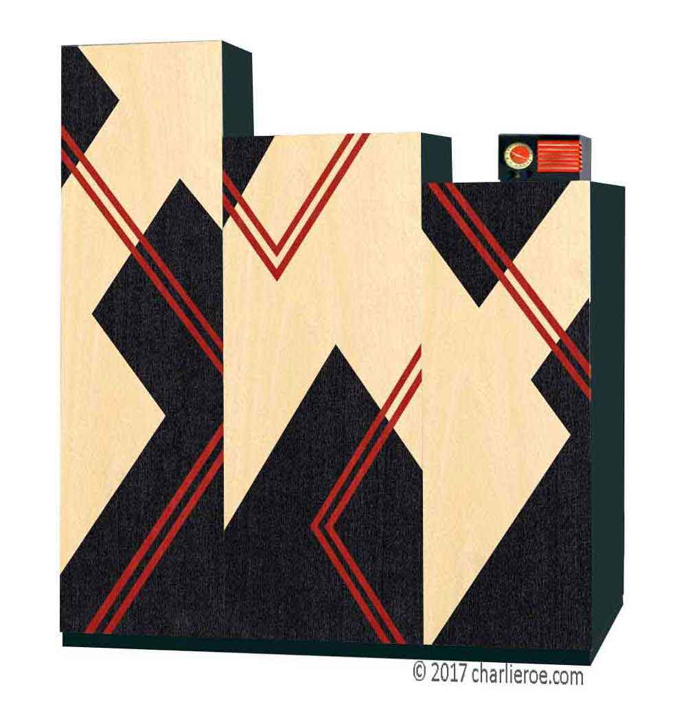 new Art Deco Donald Deskey Cubist Geometric pattern marquetry veneered 3 door bedroom warbrobe