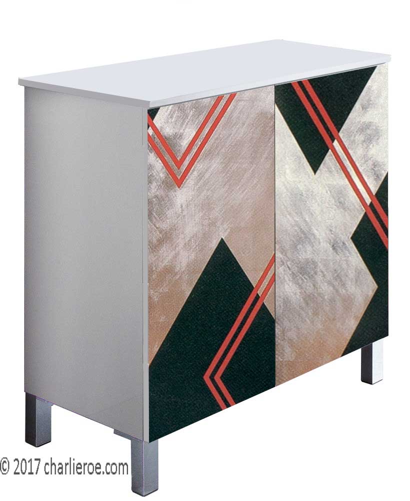 New Donald Deskey Art Deco Cubist design painted lacquered and silver leafed 2 door cabinet sideboard, media unit, bar or cupboard