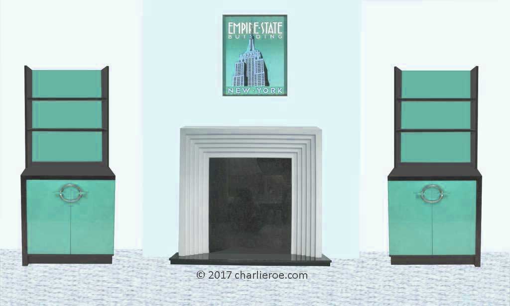 new Gilbert Rhode Art Deco painted bookcases either side of a Deco fireplace