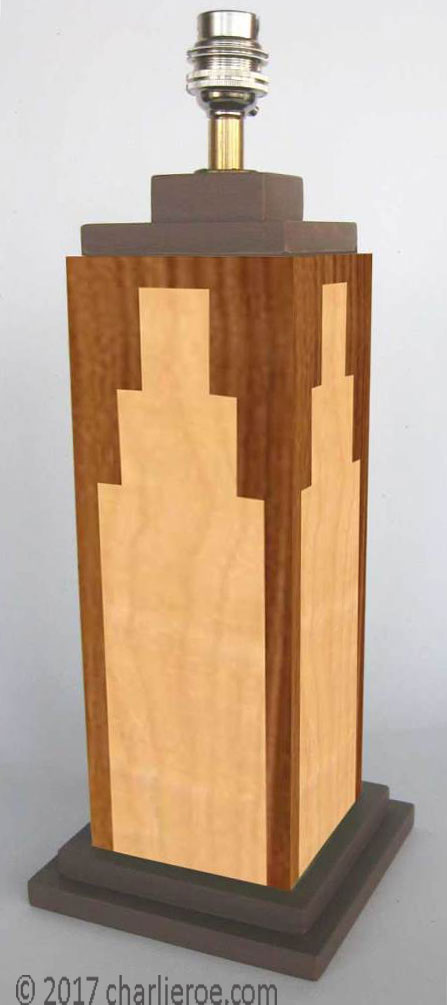 New Art Deco marquetry veneered table lamp with Skyscraper style stepped design