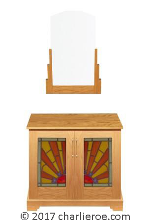 New Art Deco Skyscraper style oak wall mirror & sideboard cabinet with Rising Sun stained glass panels