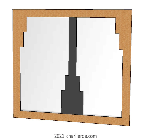 New Art Deco stepped Skyscraper style Birds Eye Maple veneer wooden wall mirror with centre stepped rail in black