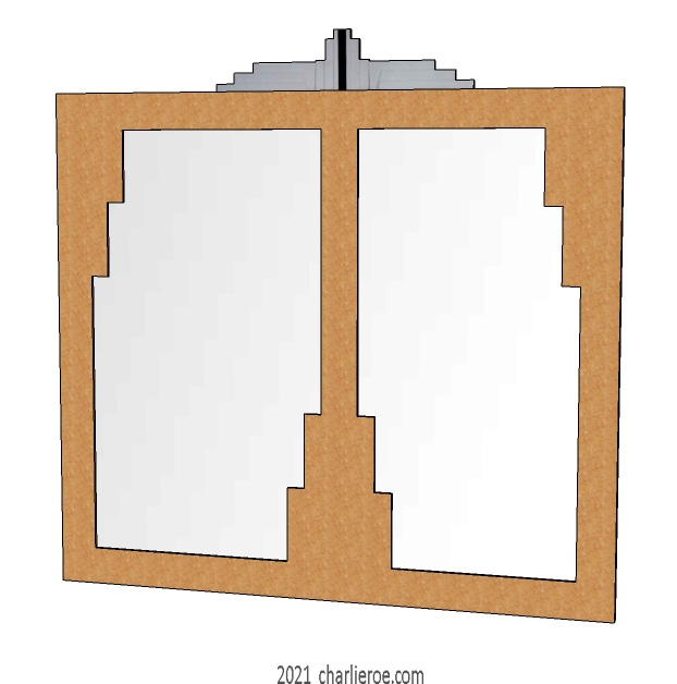 New Art Deco stepped Skyscraper style Birds Eye Maple veneer wooden wall mirror with centre stepped rail in birds eye maple and ornate top moulding