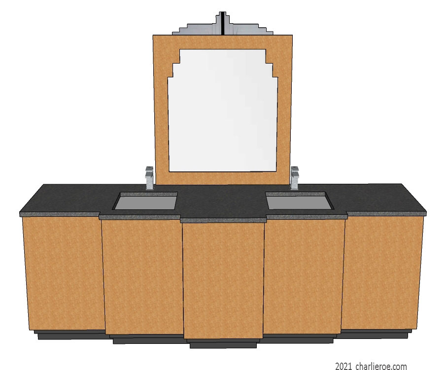 New Art Deco stepped Skyscraper style Birds Eye Maple veneer wooden wall mirror shown above a birds eye maple 5 door vanity unit