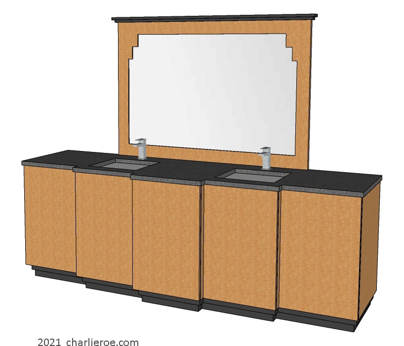New Art Deco stepped Skyscraper style Birds Eye Maple veneer wooden wall mirror shown above a birds eye maple 5 door vanity unit