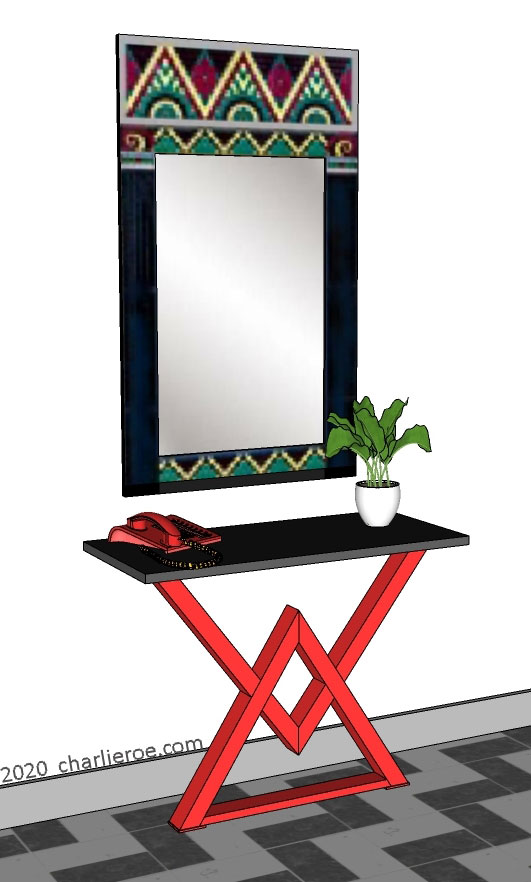 New Art Deco style wall mirror with painted Cubist patterns and Cubist stsyle console table