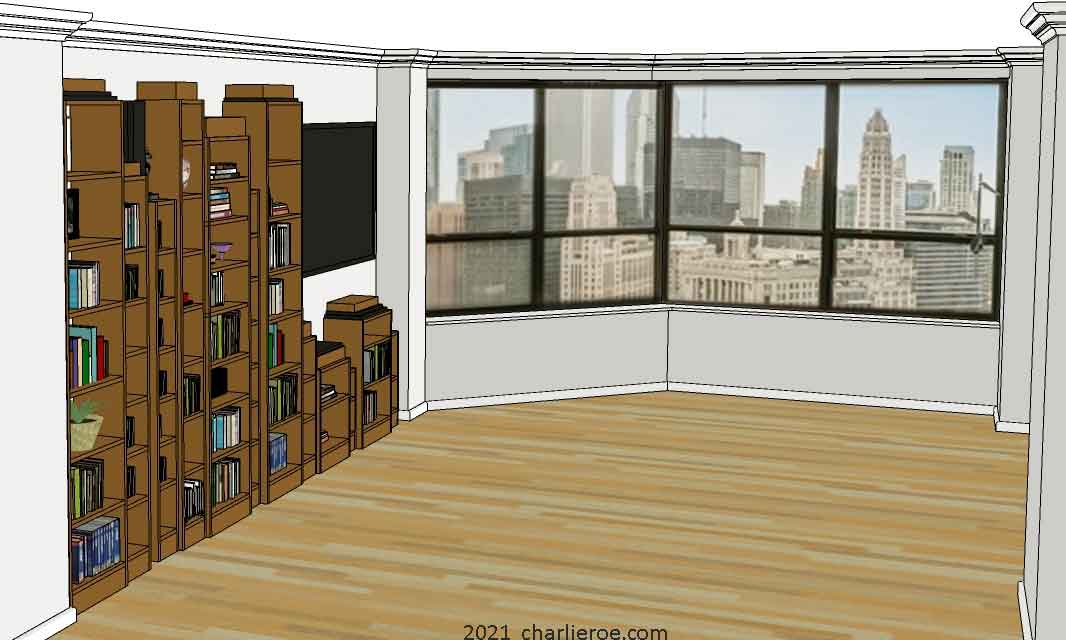 New Paul Frankl Art Deco Skyscraper style painted lacquered bookcase in black with silver edges shown in a Chicago condo