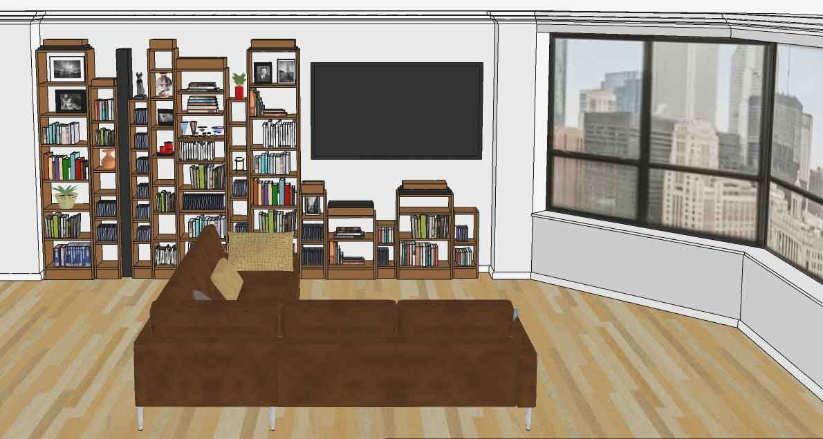 New Paul Frankl Art Deco Skyscraper style painted lacquered bookcase in black with silver edges shown in a Chicago condo