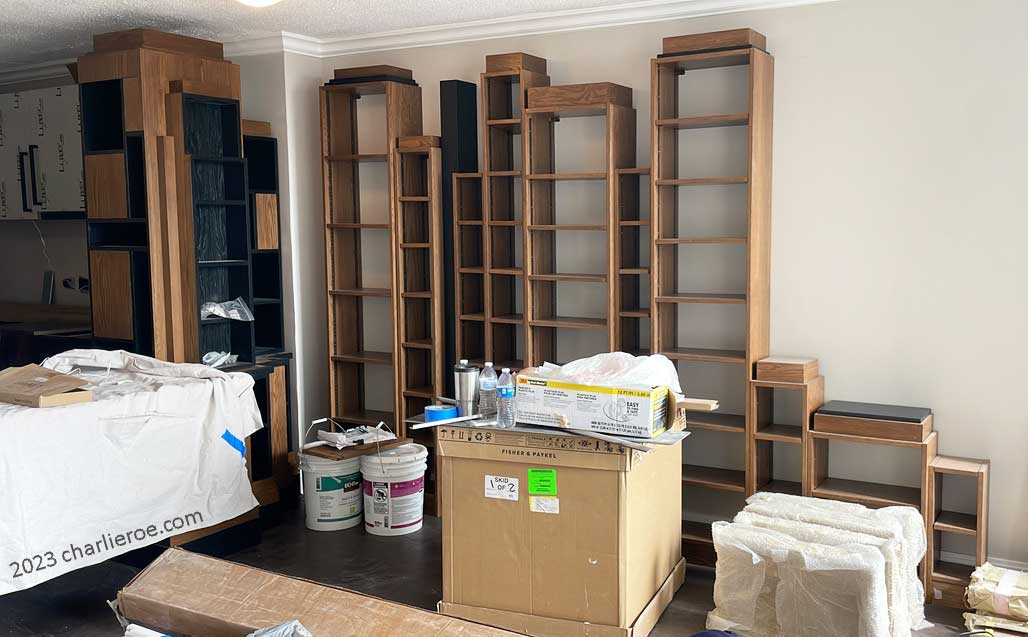New Paul Frankl Art Deco Skyscraper 'skyline' bookshelves boards being installed in the appartment