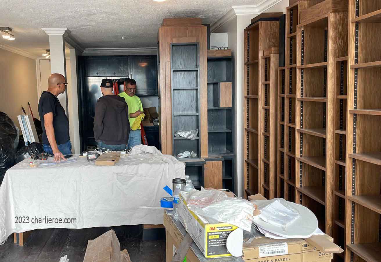 New Paul Frankl Art Deco Skyscraper 'skyline' bookshelves boards being installed in the appartment