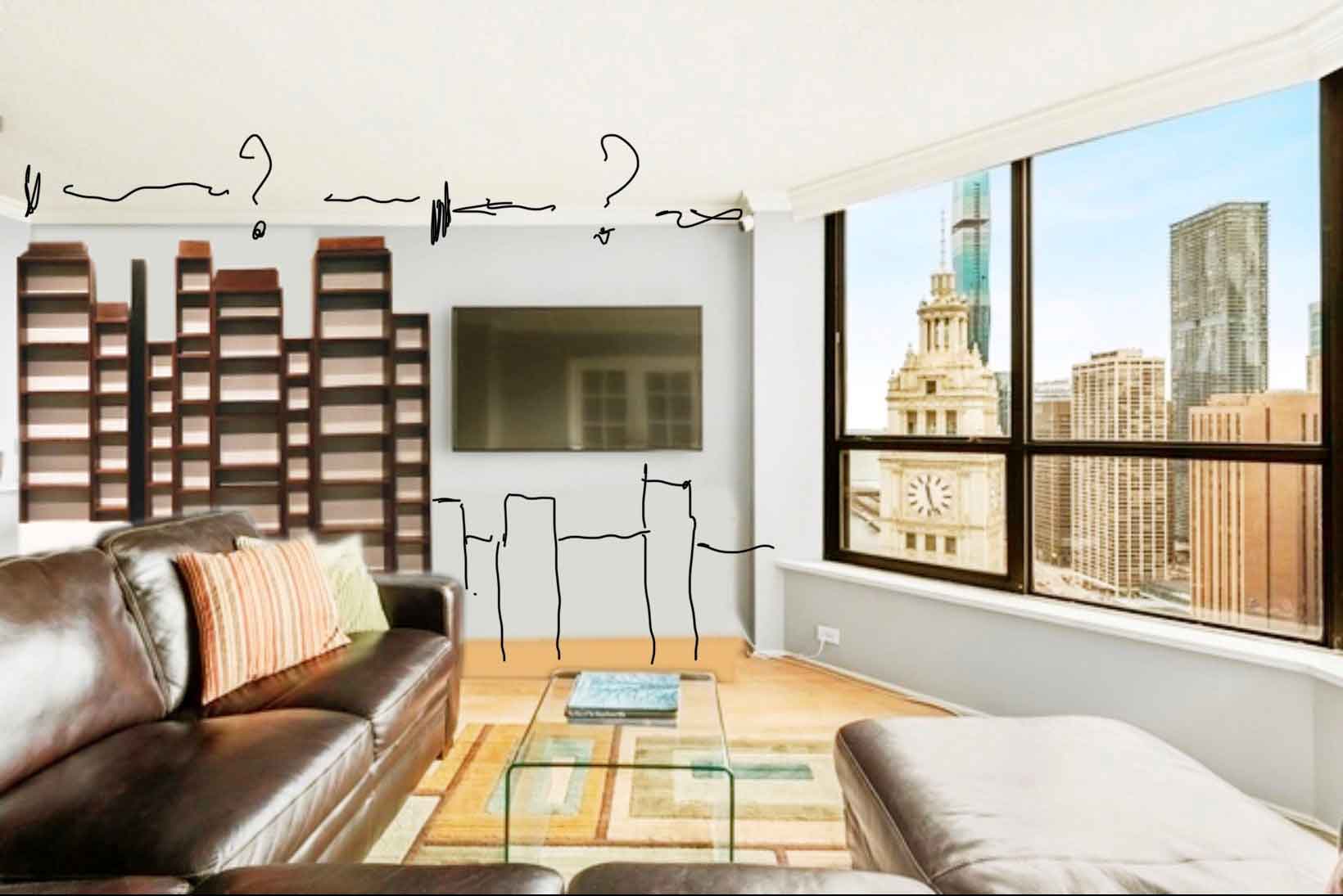New Paul Frankl Art Deco Skyscraper style painted lacquered bookcase in black with silver edges shown in a Chicago condo