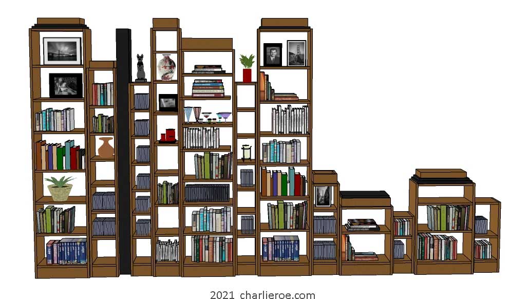 New Paul Frankl Art Deco Skyscraper style painted lacquered bookcase in black with silver edges shown in a Chicago condo