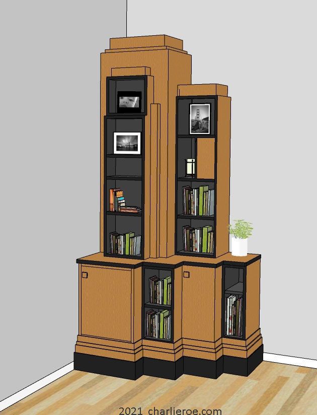 New Paul Frankl Art Deco Skyscraper style wooden & painted lacquered corner bookcase