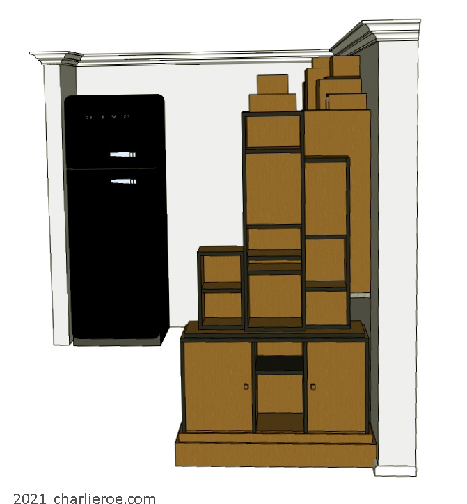 New Paul Frankl Art Deco Skyscraper style wooden & painted lacquered freestanding bookcase used as a room divider between a kitchen and living space