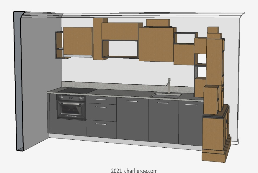 New Paul Frankl Art Deco Skyscraper style wooden & painted lacquered kitchen with freestanding bookcase used as a room divider