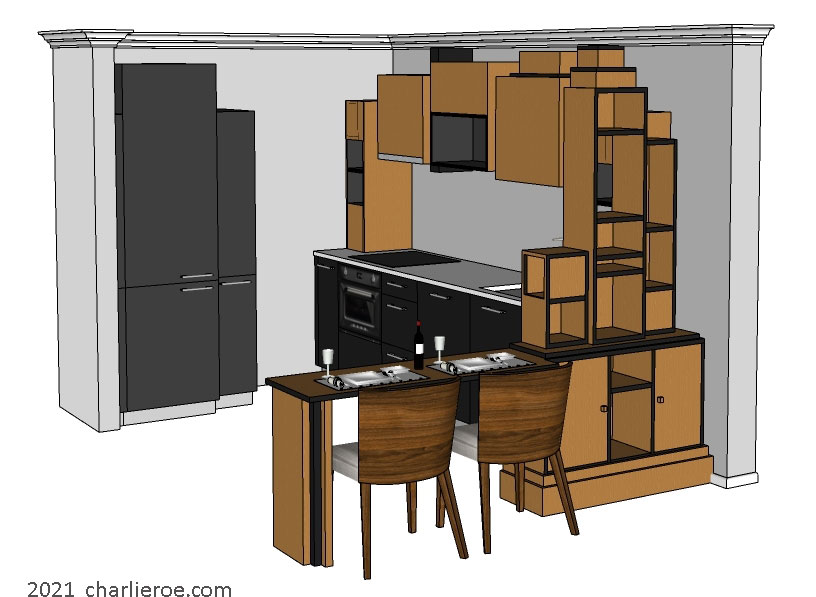New Paul Frankl Art Deco Skyscraper style wooden & painted lacquered freestanding bookcase and  breakfast bar used as a room divider between a kitchen and living space