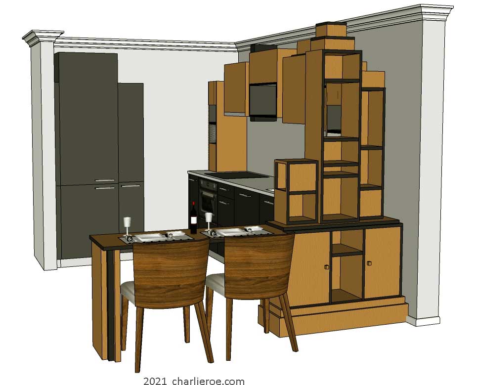 New Paul Frankl Art Deco Skyscraper style wooden & painted lacquered freestanding bookcase and  breakfast bar used as a room divider between a kitchen and living space