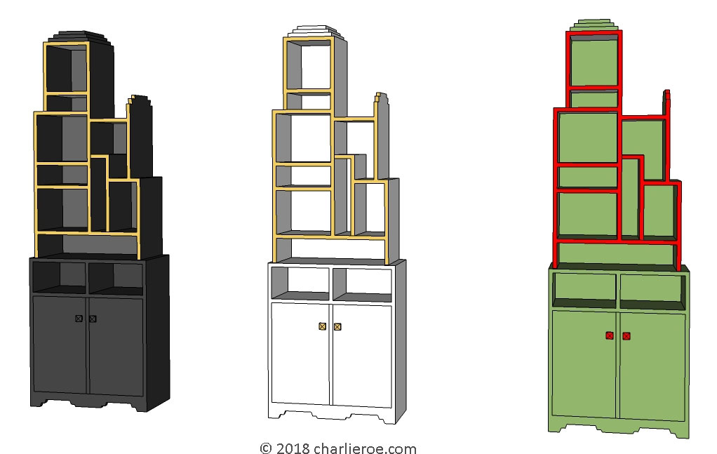 New Paul Frankl Art Deco Skyscraper style painted lacquered bookcase in black with red edges