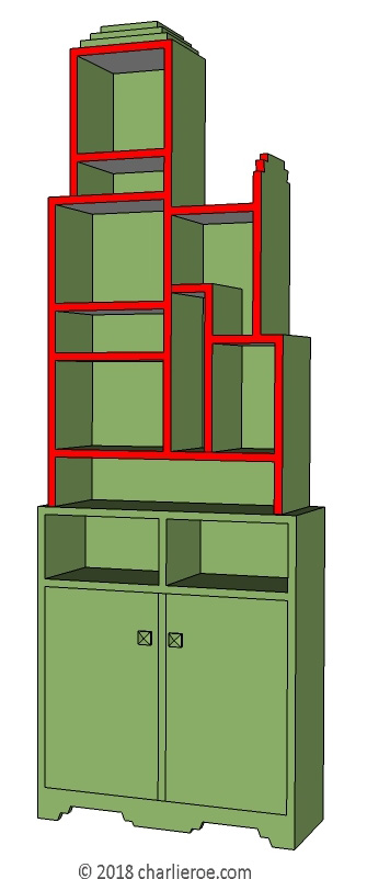 New Paul Frankl Art Deco Skyscraper style painted lacquered bookcase in green top with red edges and red base