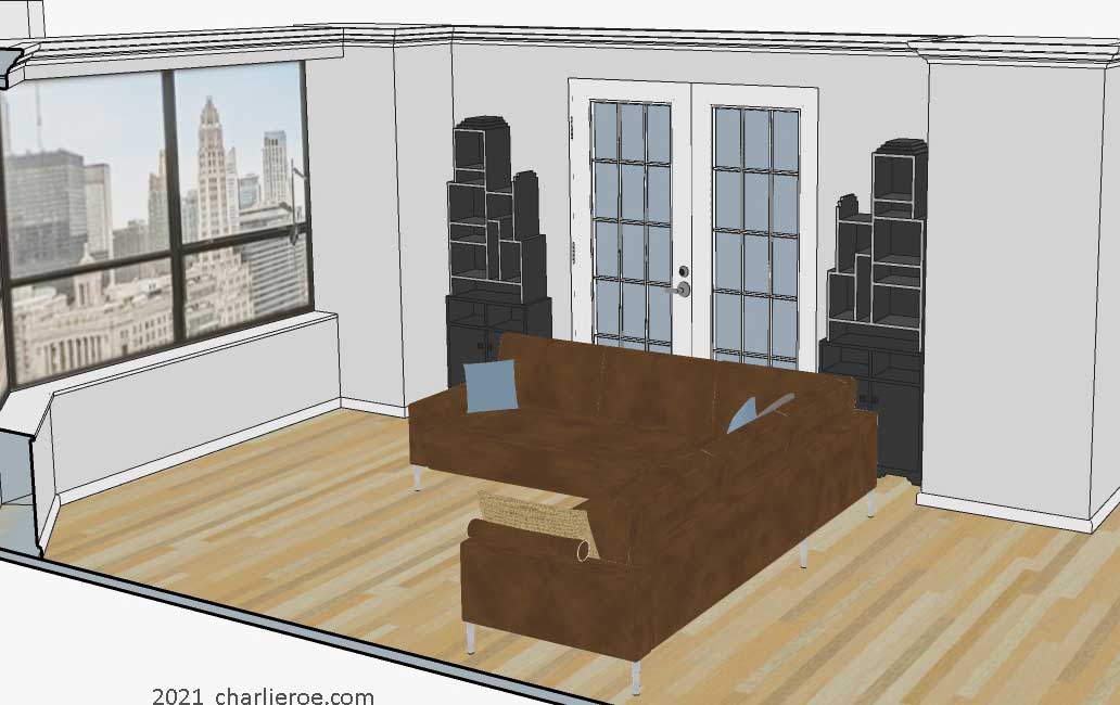 New Paul Frankl Art Deco Skyscraper style painted lacquered bookcase in black with silver edges shown in a Chicago condo