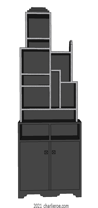 New Paul Frankl Art Deco Skyscraper style painted lacquered bookcase in black with silver edges