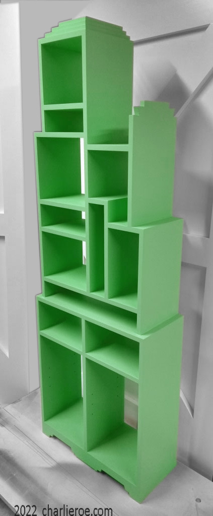 New Paul Frankl Art Deco Skyscraper style painted lacquered bookcase in green with gold edges