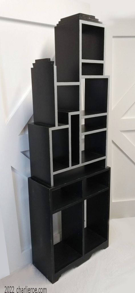 New Paul Frankl Art Deco Skyscraper style painted lacquered bookcase black with silver lines