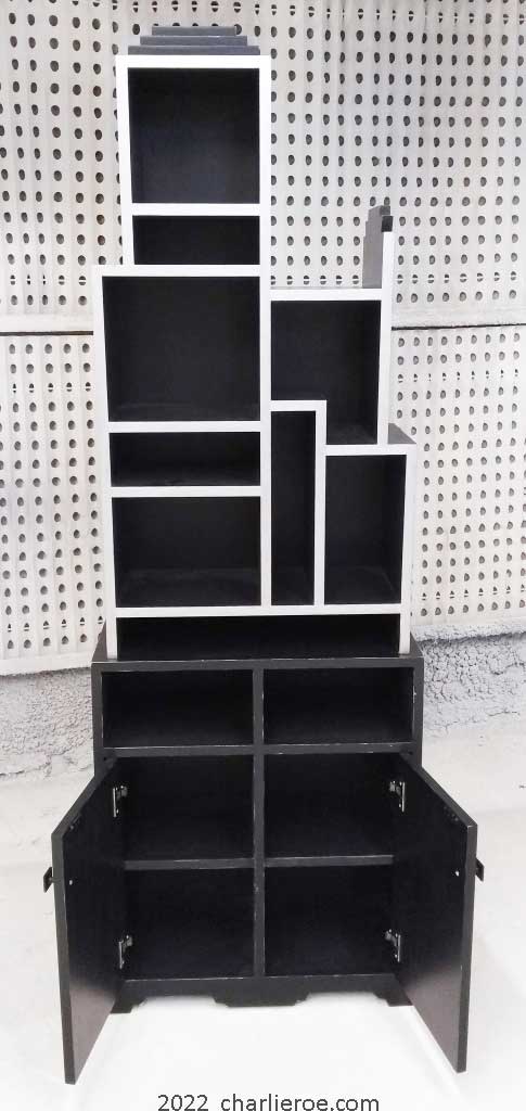 New pair of Paul Frankl Art Deco Skyscraper style painted lacquered bookcase black with silver edges