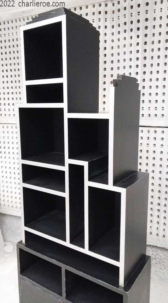 New pair of Paul Frankl Art Deco Skyscraper style painted lacquered bookcase black with silver edges