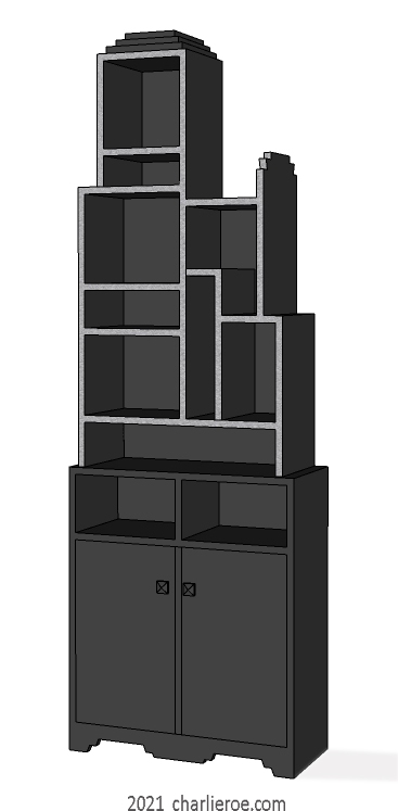New Paul Frankl Art Deco Skyscraper style painted lacquered bookcase in black with silver edges