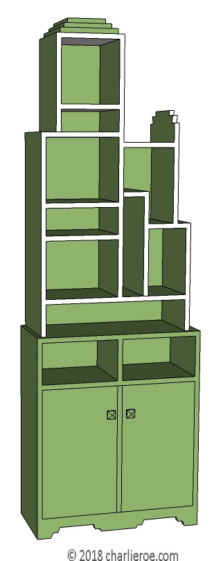 New Paul Frankl Art Deco Skyscraper style painted lacquered bookcase in green with white edges