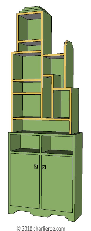New Paul Frankl Art Deco Skyscraper style painted lacquered bookcase in green with gold edges