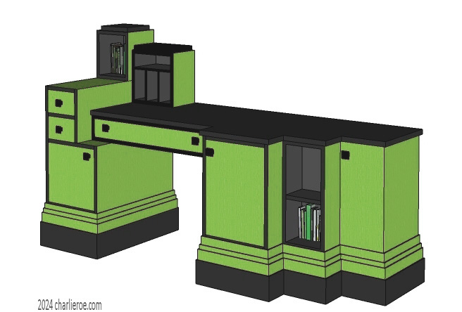 New Art Deco Paul Frankl Skyscraper style green & black lacquered painted stepped home office desk