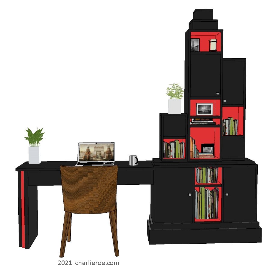 New Art Deco Paul Frankl black & red lacquered painted stepped home office bookcase desk