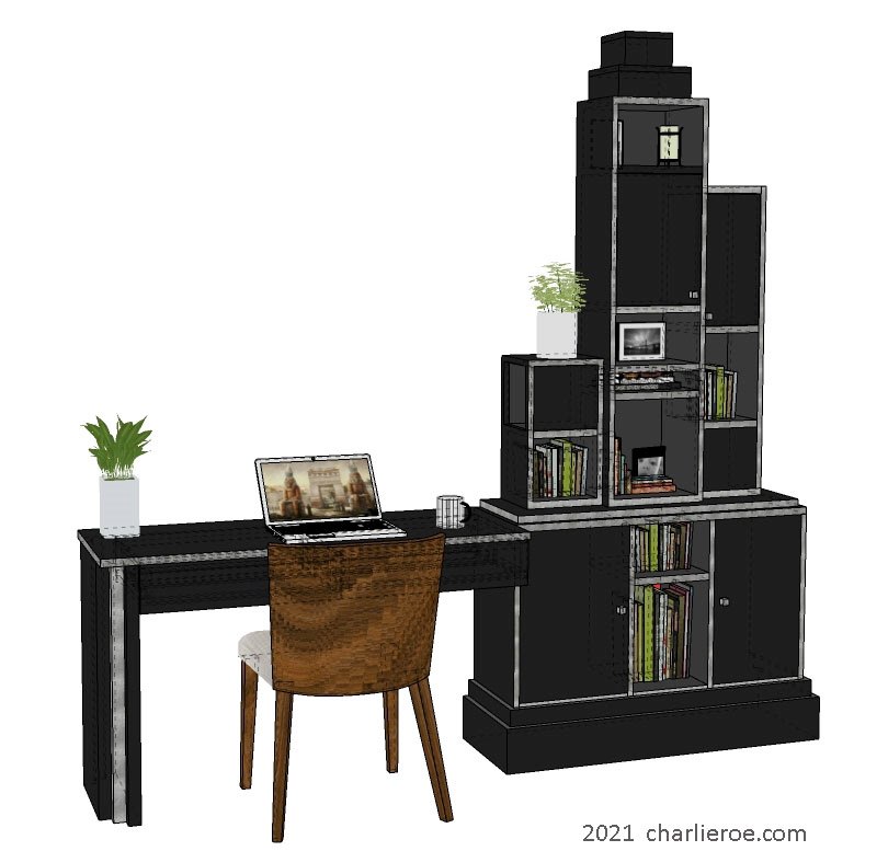 New Paul Frankl Art Deco Skyscraper style wood and lacquered/painted home office desks and bookcases